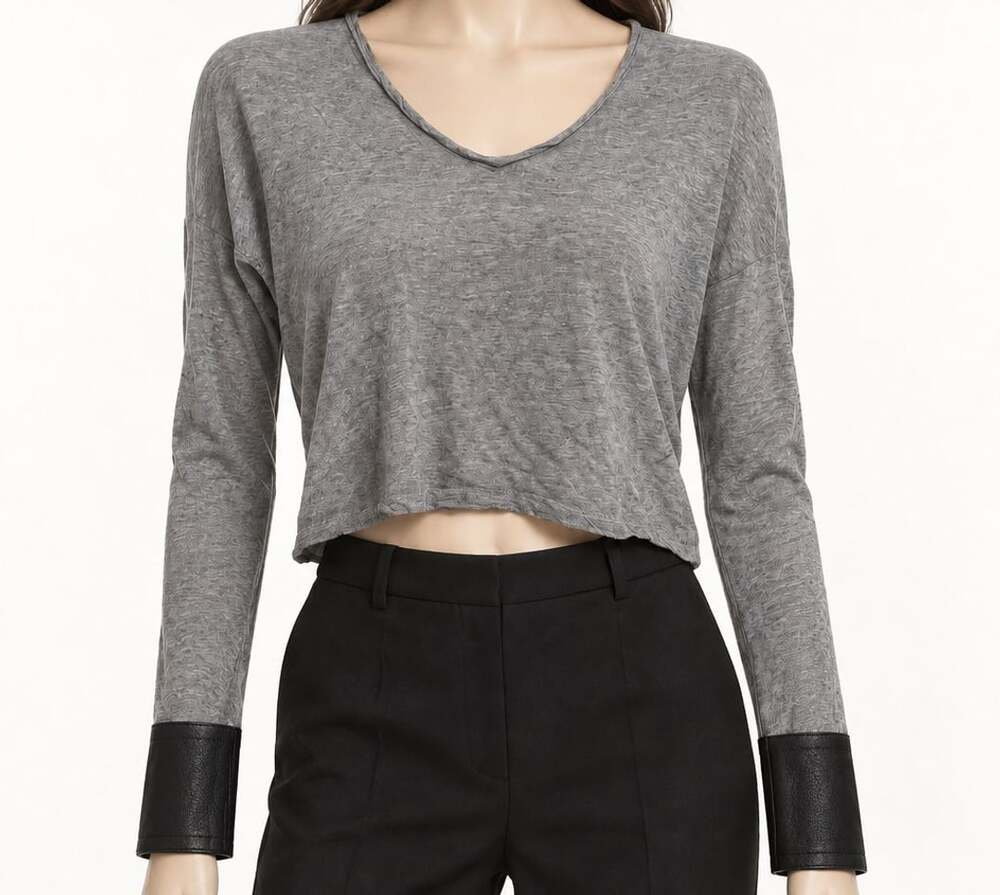Maje H14Geneve Sweater Size 1 Gray Wool Leather Trim